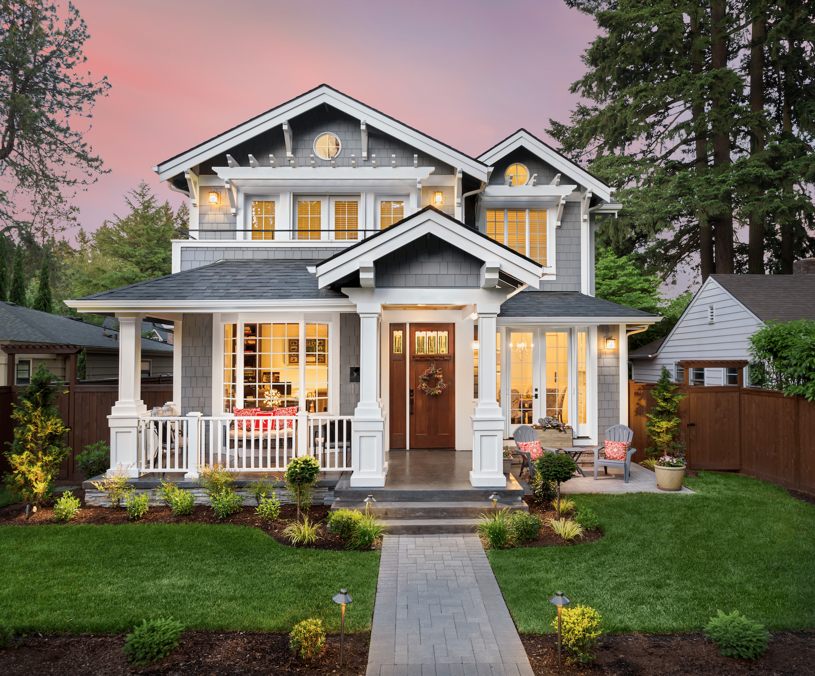A newly-renovated Michigan bungalow at sunset.