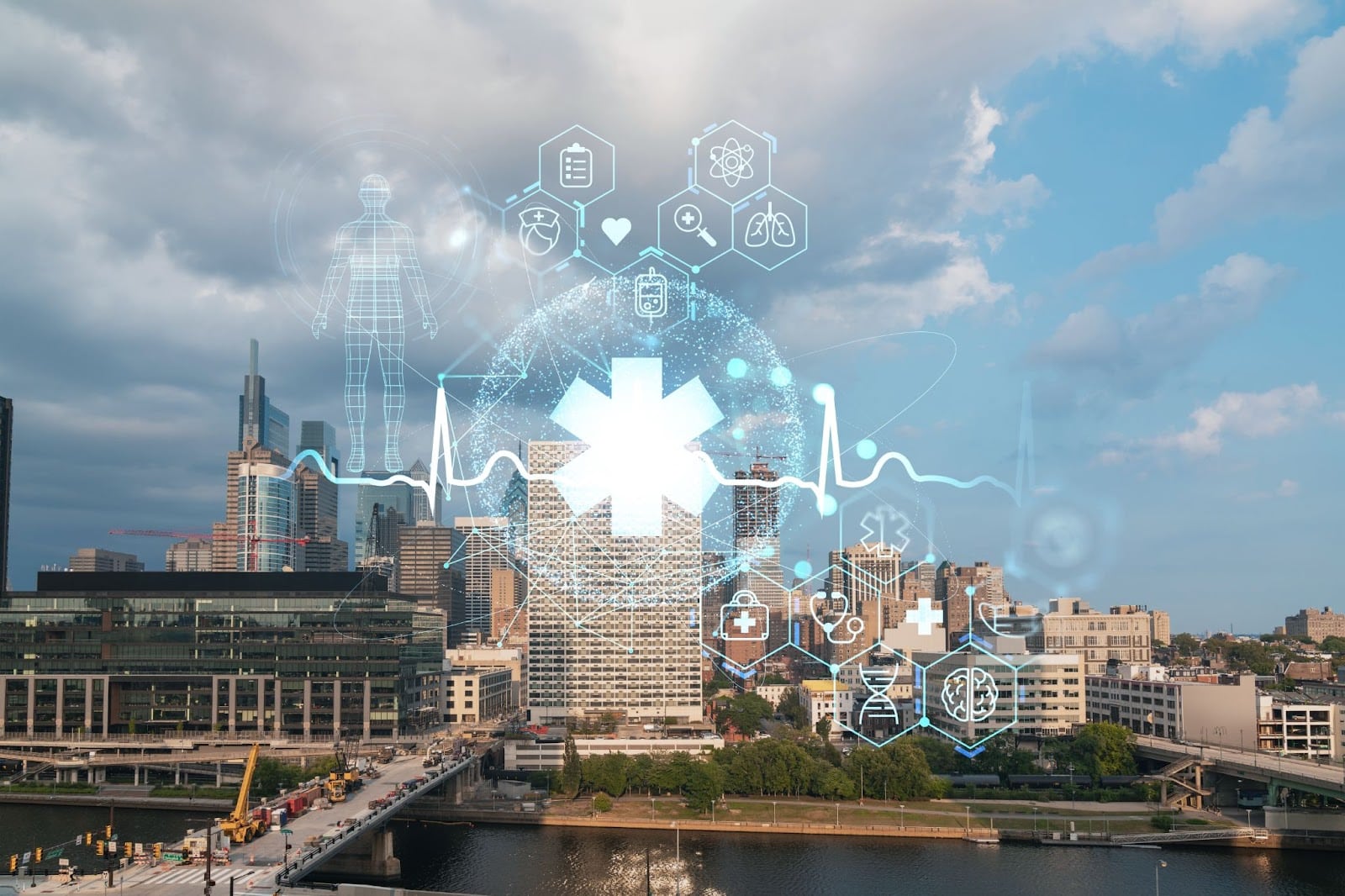 A view of Pittsburgh, PA with medical iconography overlayed