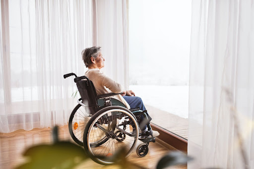 a woman in a wheelchair looks out window